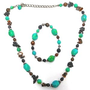 Turquoise and assorted stone beads necklace and bracelet set